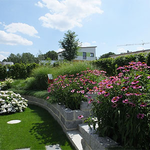 Die Bepflanzung in weiß-rosa-violett unterstützt den ruhigen Gartencharakter